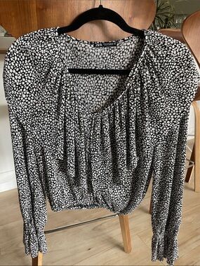 Zara Black and White Dotted Long-Sleeve Blouse